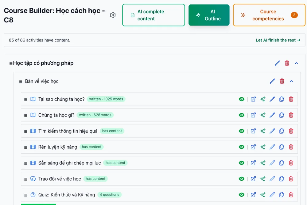Trình soạn khoá học với AI hỗ trợ soạn bài